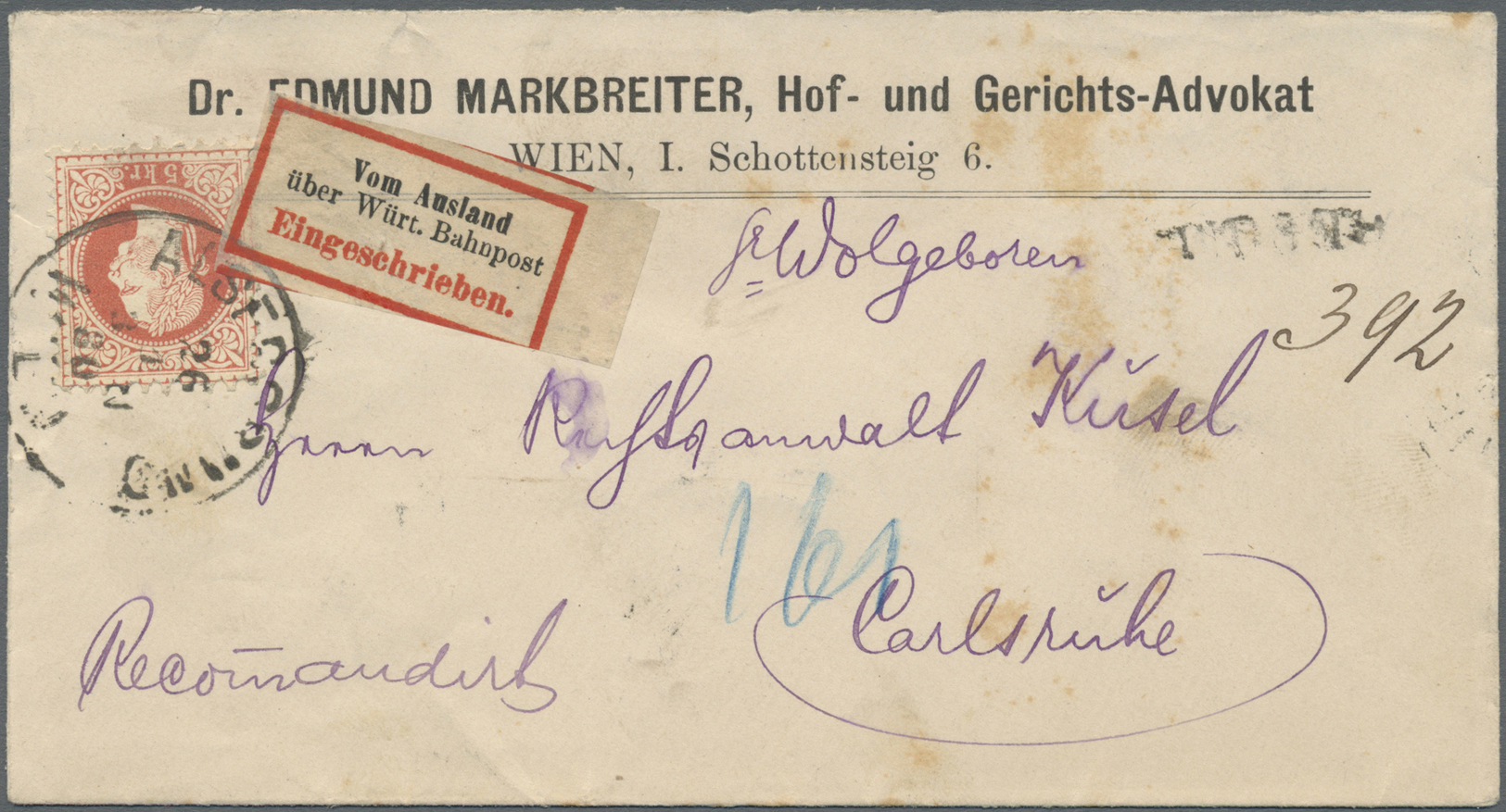 Br Württemberg - Besonderheiten: 1880, "Vom Ausland über Würt. Bahnpost", Transit-R-Zettel Auf R-Brief - Autres & Non Classés