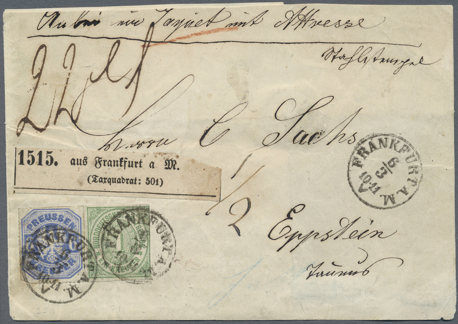 Br Norddeutscher Bund - Marken Und Briefe: 1868, 1 Kreuzer Grün, Mi.-Nr. 7, In Mischfrankatur Mit Preuß - Andere & Zonder Classificatie