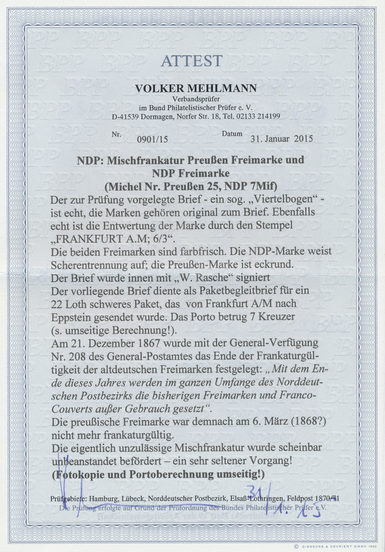 Br Norddeutscher Bund - Marken Und Briefe: 1868, 1 Kreuzer Grün, Mi.-Nr. 7, In Mischfrankatur Mit Preuß - Andere & Zonder Classificatie