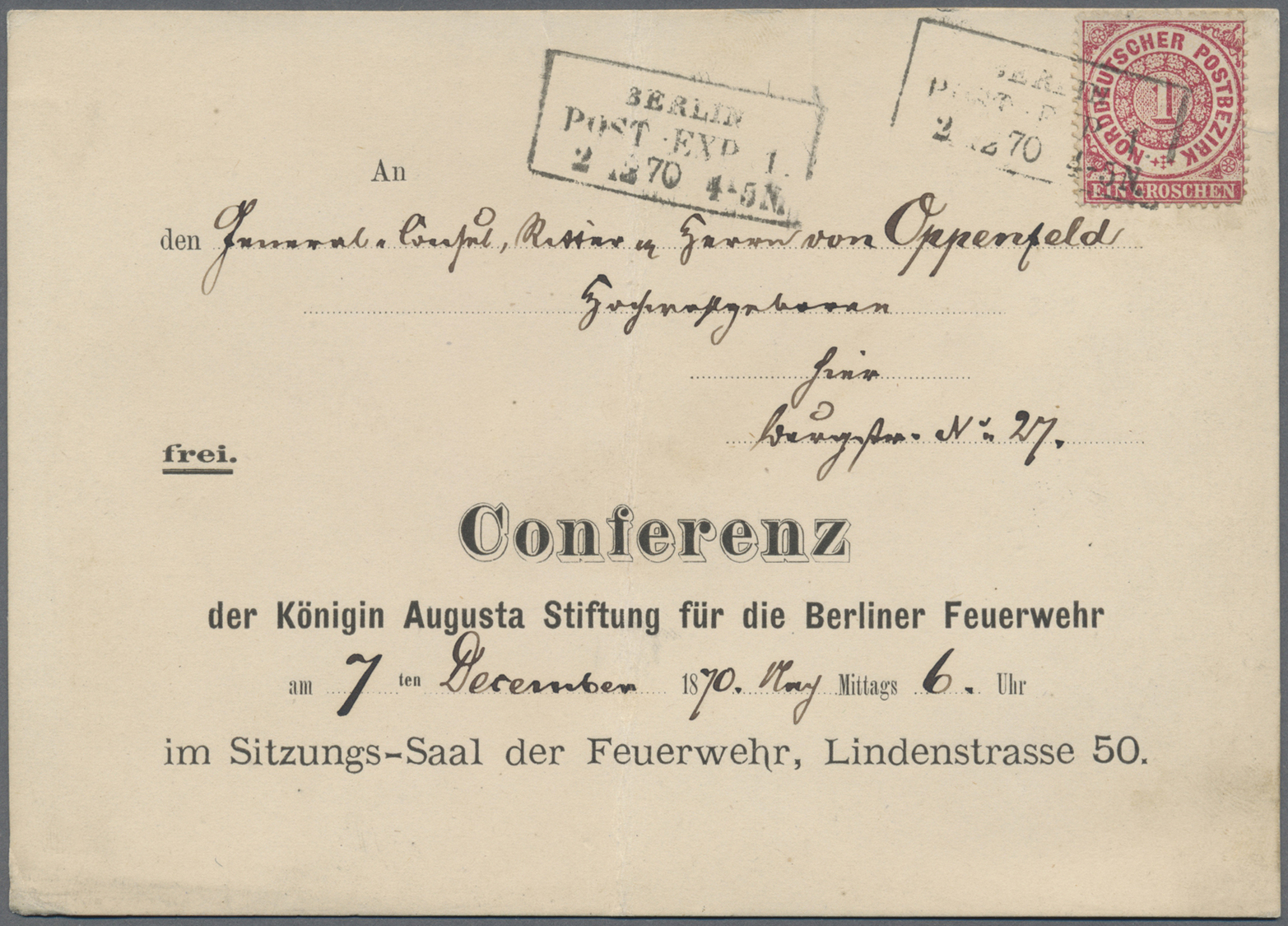 Br Norddeutscher Bund - Marken Und Briefe: 1869, 1 Gr. Gezähnt Mit Schwarzem &bdquo;BERLIN/ POST EXP 1/ 2 12 - Autres & Non Classés