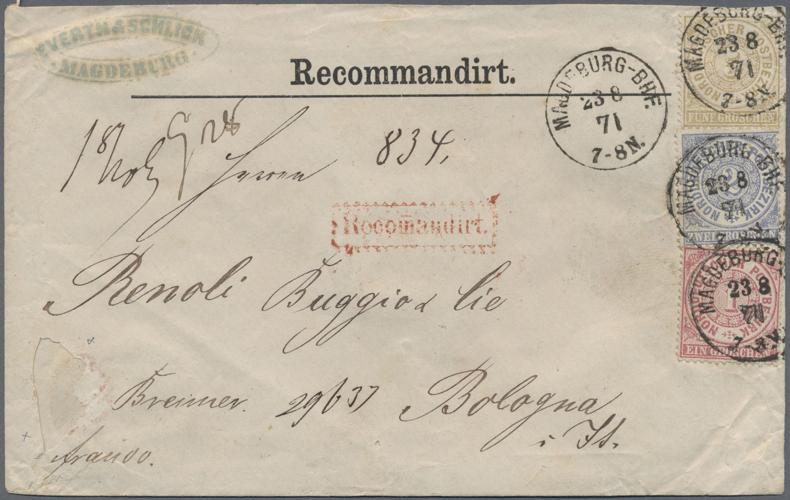 Br Norddeutscher Bund - Marken Und Briefe: 1878, Freimarken 1, 2 Und 5 Gr Auf Vorgedrucktem Reko-Umschl - Autres & Non Classés