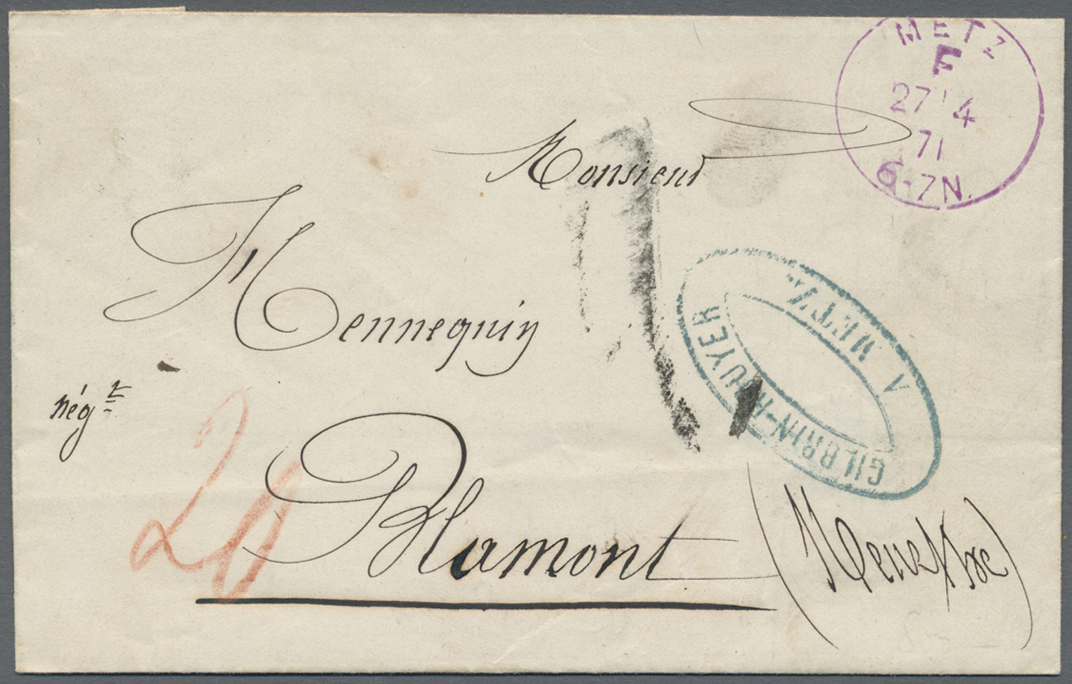 Br Norddeutscher Bund - Marken Und Briefe: 1871, "METZ F 27/4 71" Rotvioletter Franco-K1 Auf Faltbrief - Andere & Zonder Classificatie