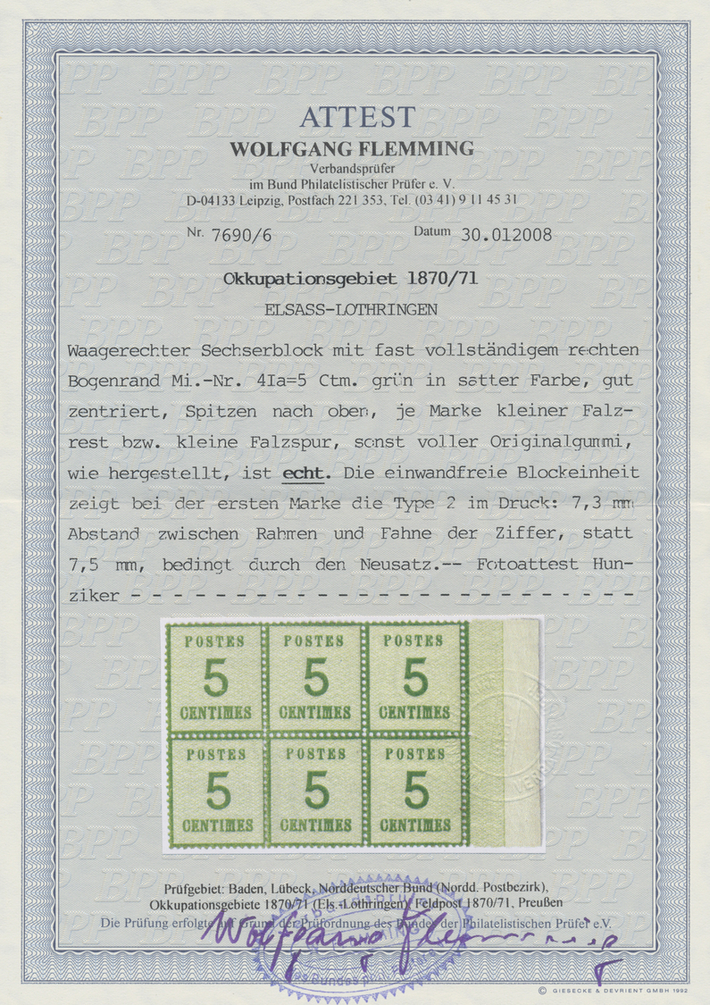 * Elsass-Lothringen - Marken Und Briefe: 1870/1871, 5 Ctm. Grün "Spitzen Nach Oben" Im Waager. 6er-Blo - Andere & Zonder Classificatie