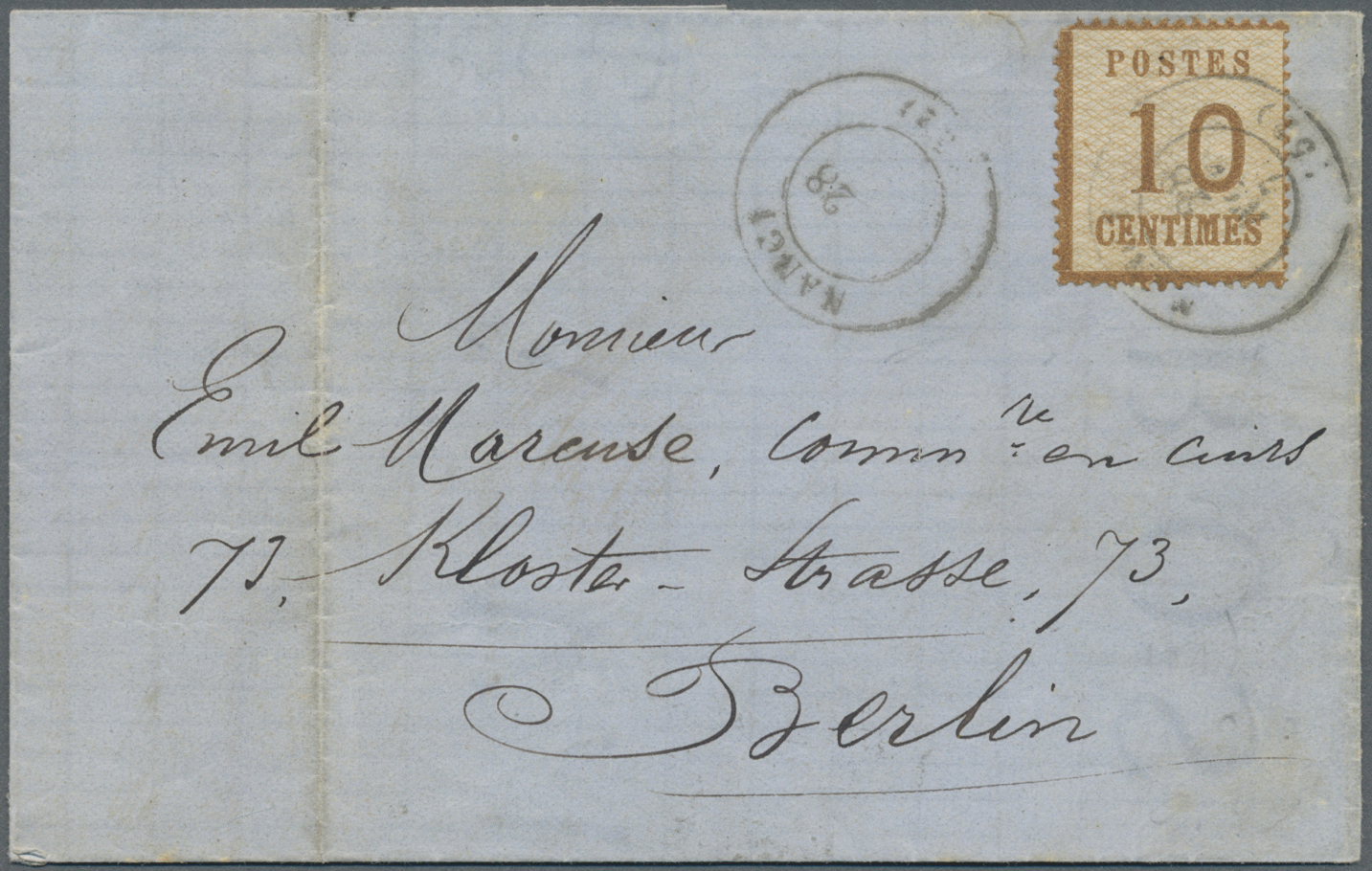 Br Elsass-Lothringen - Marken Und Briefe: 1870, Faltbrief Mit 10 Cent Besetzungsausgabe Aus NANCY 28.11 - Autres & Non Classés