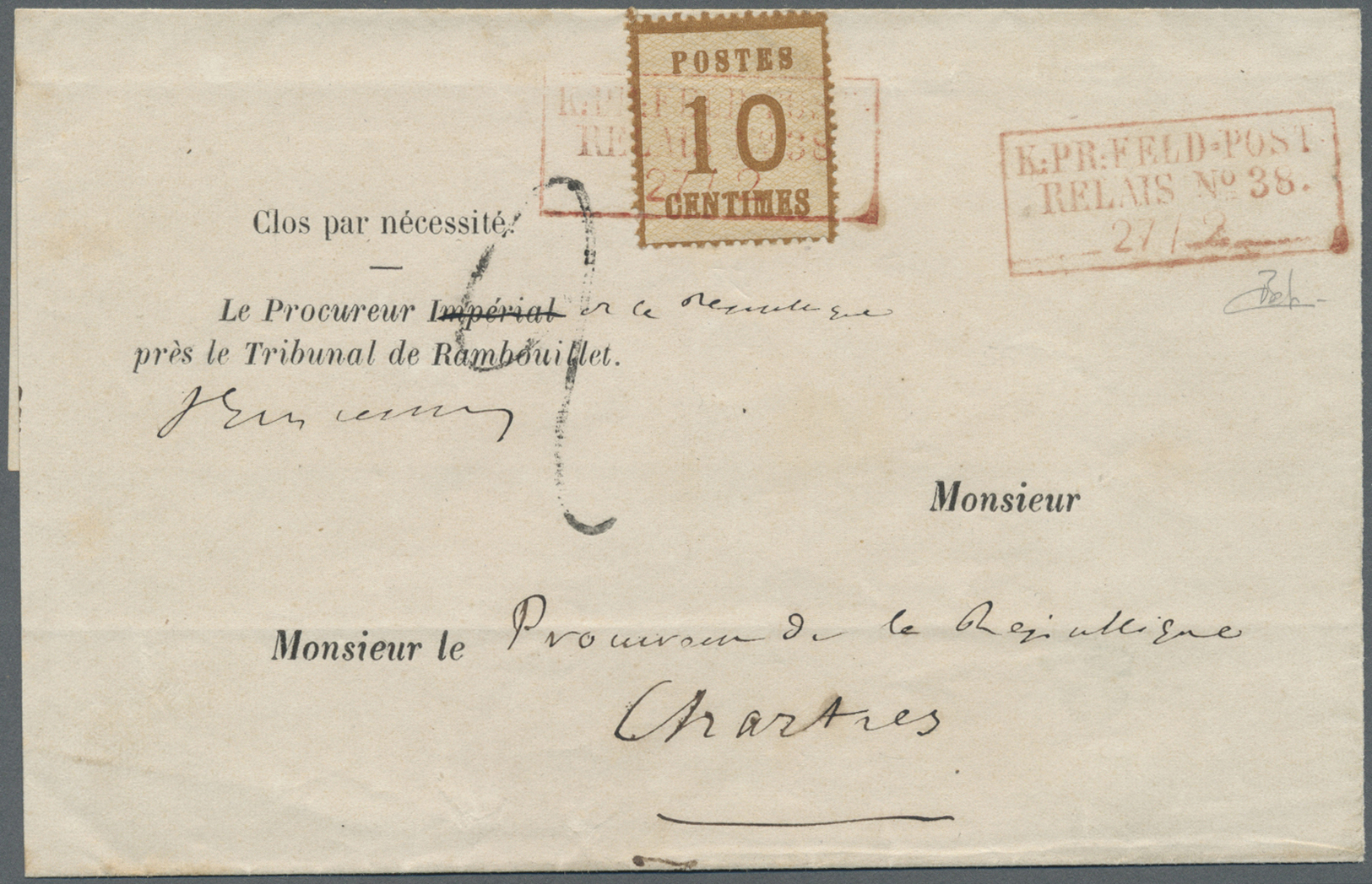 Br Elsass-Lothringen - Stempel: K:PR:FELD-POST RELAIS No38 27/2, Ra3 In ROT, Klarer Zweifacher Luxusabs - Autres & Non Classés