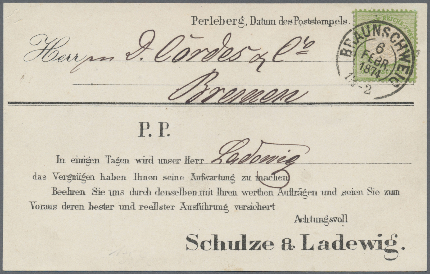 Br Deutsches Reich - Brustschild: 1872, Grosser Schild 1/3 Gr. Grün Mit K2 "BRAUNSCHWEIG 6 FEBR 1874" A - Ongebruikt