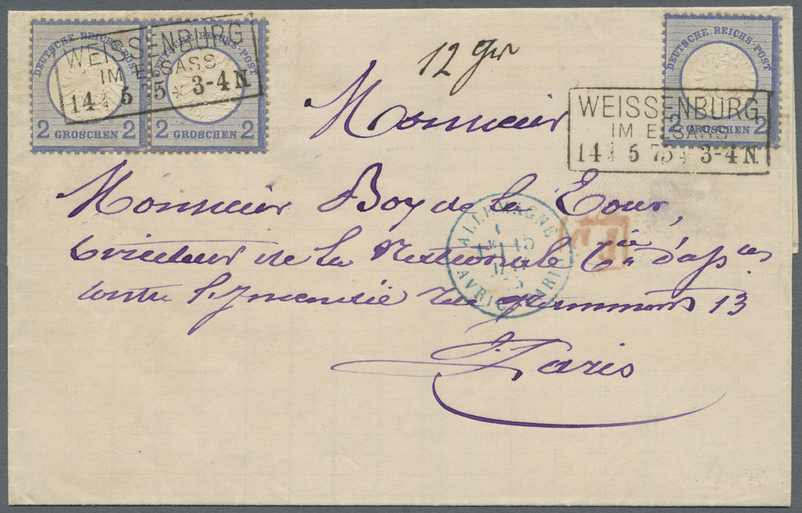 Br Deutsches Reich - Brustschild: 1872, Paar Und Einzelmarke Grosser Schild 2 Gr. Auf Brief "WEISSENBUR - Neufs