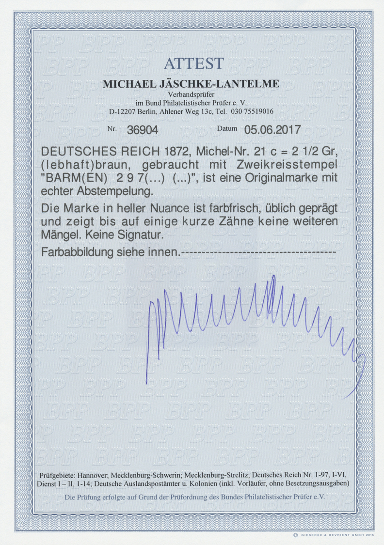 O Deutsches Reich - Brustschild: 1872, 2 1/2 Groschen (lebhaft)braun Sauber Entwertet Mit K2 Barmen, D - Ongebruikt