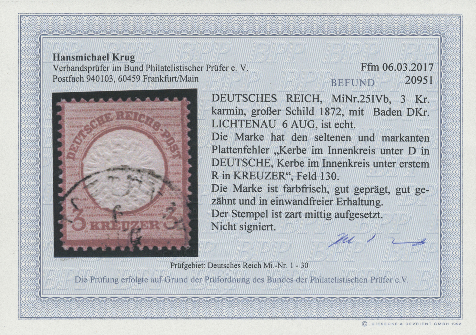 O Deutsches Reich - Brustschild: 1872, 3 Kr. Großer Schild Mit Plattenfehler "Kerbe Im Innenkreis Unte - Neufs