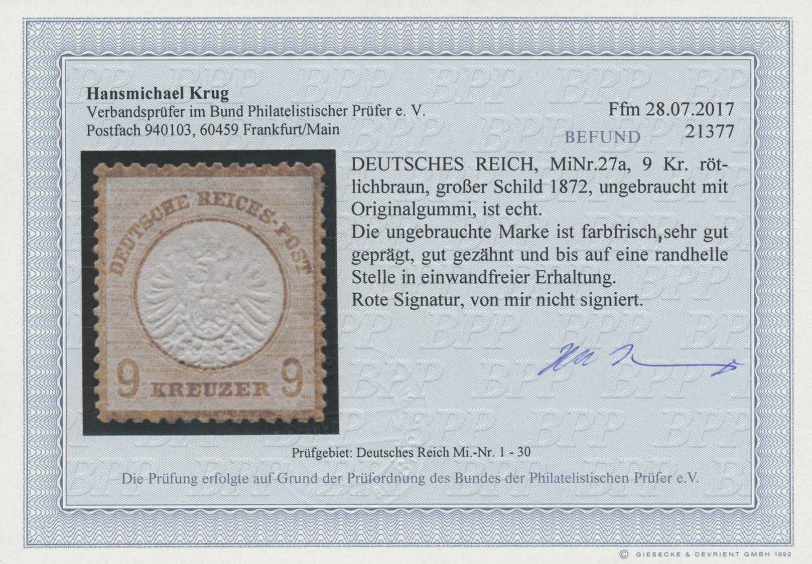 * Deutsches Reich - Brustschild: 1872, 9 Kr. Rötlichbraun, Farbfrisch, Sehr Gut Geprägt Und Gut Gezähn - Neufs