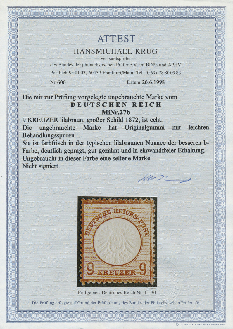 * Deutsches Reich - Brustschild: 1872, 9 Kr. Großer Schild, Lilabraun. Die Ungebrauchte Marke Hat Orig - Ongebruikt