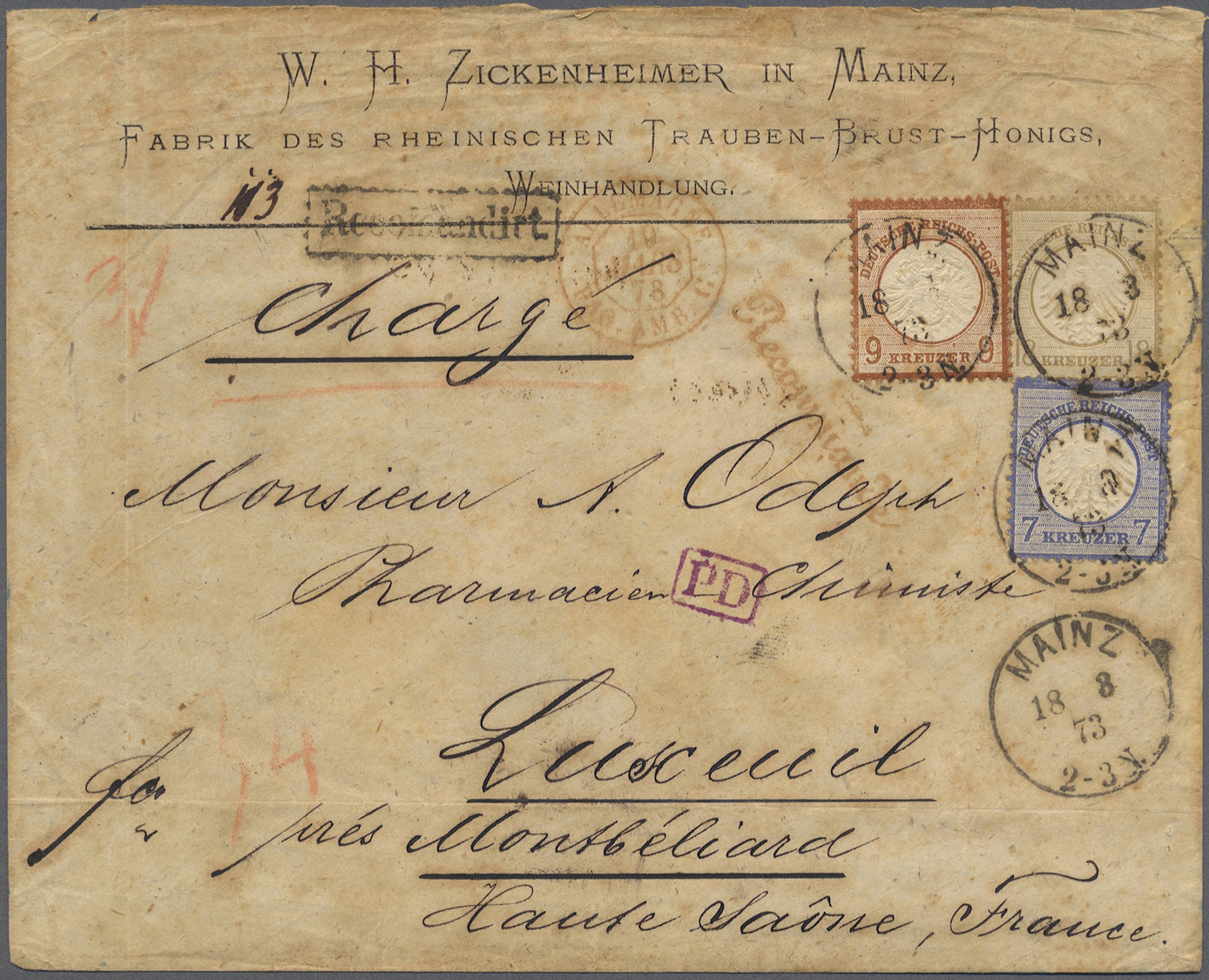 Br Deutsches Reich - Brustschild: 1873. Eingeschriebener Brief Der Firma "Zickenheimer, Mainz, Fabrik D - Ongebruikt