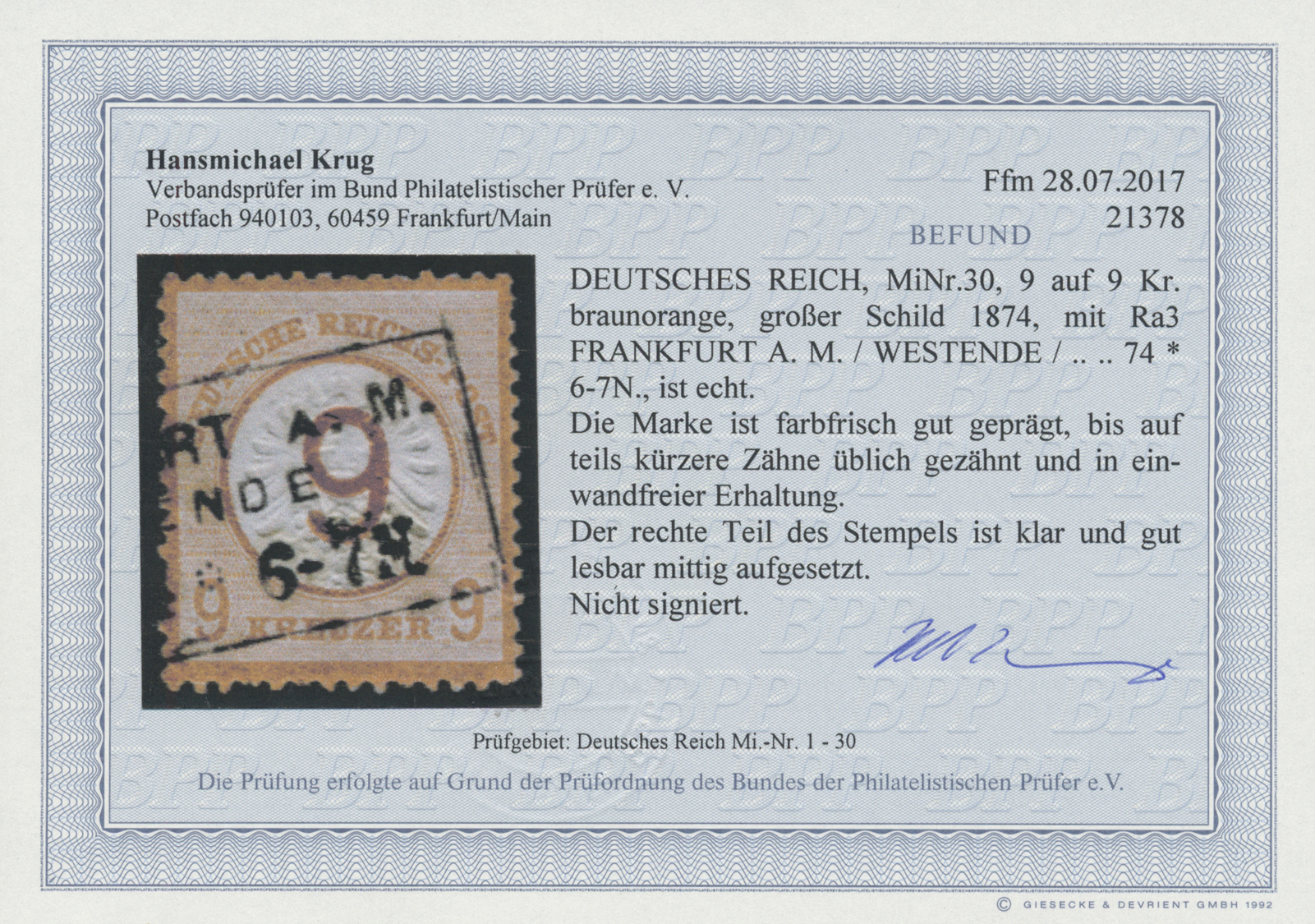 O Deutsches Reich - Brustschild: 1874, 9 Auf 9 Kr. Braunorange Mit Klarem Teilstempel "(FRANKFU)RT A.M - Ungebraucht