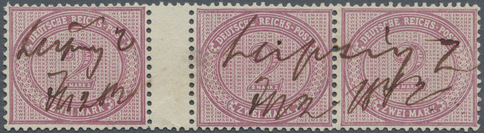 O Deutsches Reich - Pfennige: 1875, 2 Mk Lilapurpur, Farbfrischer, Waagerechter Dreierstreifen Mit Zwi - Lettres & Documents