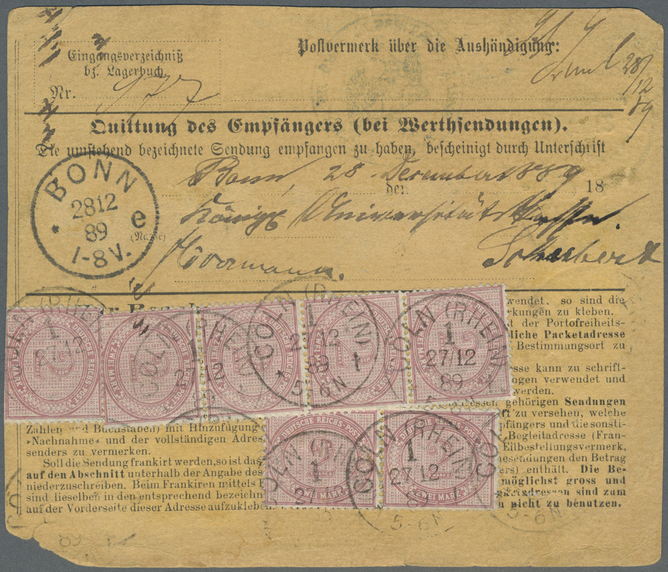 Br Deutsches Reich - Pfennige: 1889, Wertpaketkartenstammteil über 201.000 Mark, Frankiert Mit 13 Werte - Lettres & Documents