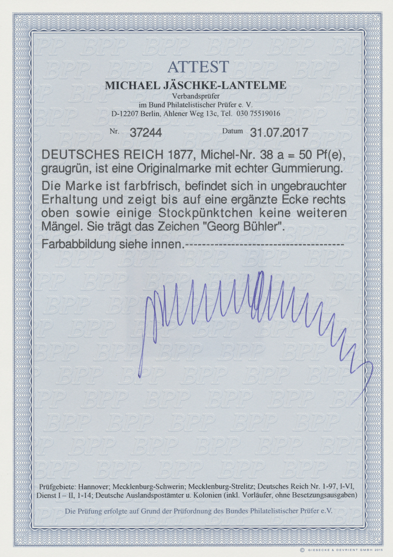 * Deutsches Reich - Pfennige: 1877, 50 Pfennige Mit Farbänderung Graugrün In Ungebraucht Mit Orginalgu - Lettres & Documents