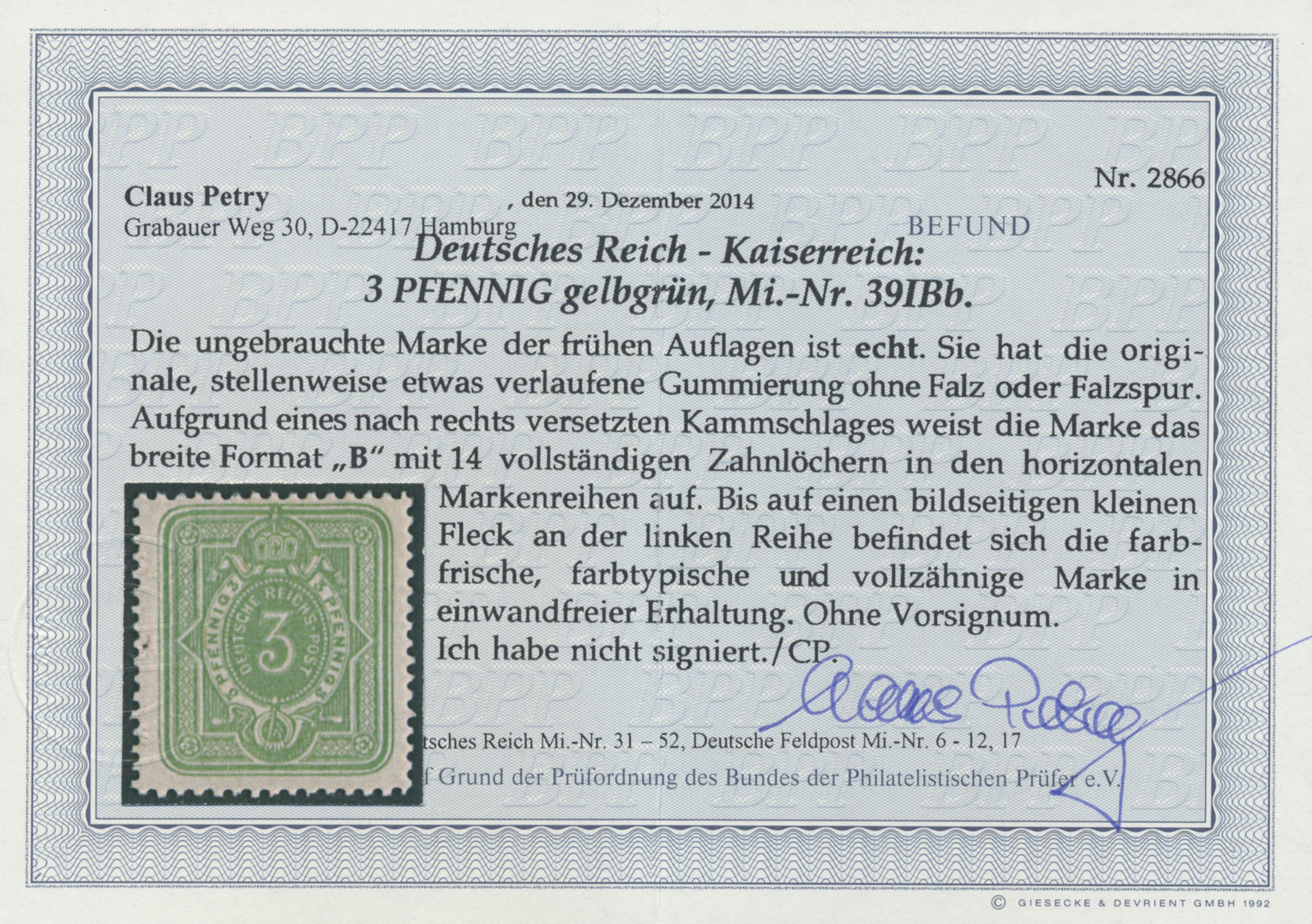 ** Deutsches Reich - Pfennig: 3 Pfg. Frühauflage Gelblichgrün ALS BREITE MARKE. Sehr Seltene Abartenkom - Ongebruikt