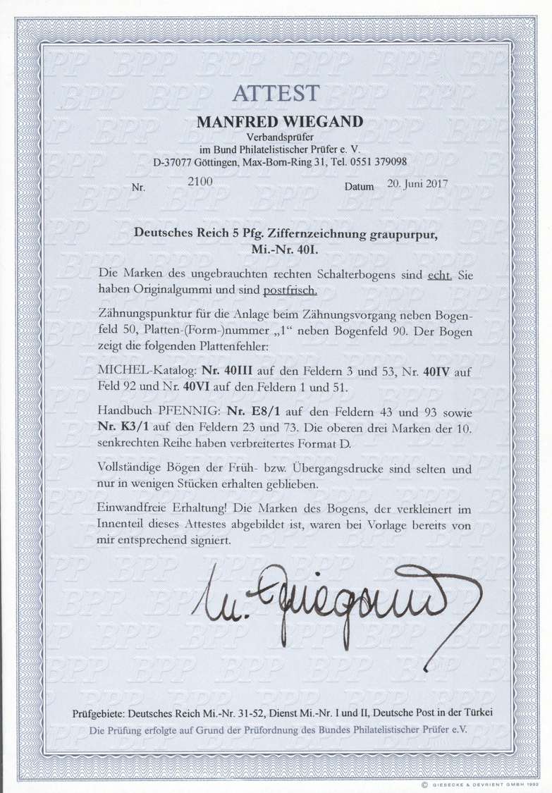 ** Deutsches Reich - Pfennig: 5 Pfg. Frühauflage Im Postfrischen ORIGINALBOGEN Mit 10 Zwischenstegpaare - Neufs