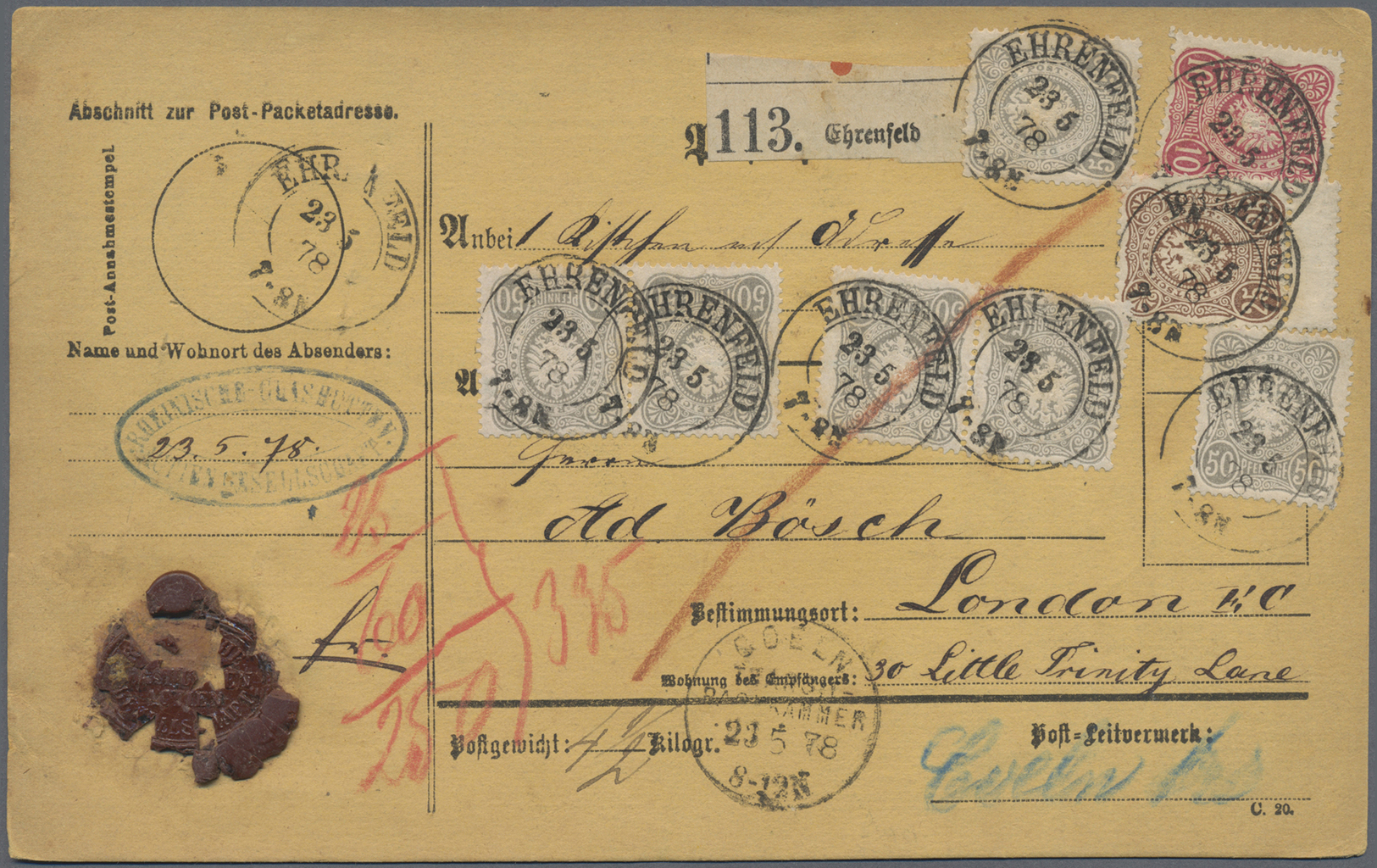 Br Deutsches Reich - Krone / Adler: 1878: Pakettkarte Aus Ehrenfeld Nach London Mit 6x 50 Pfg Grau, 25 - Ongebruikt
