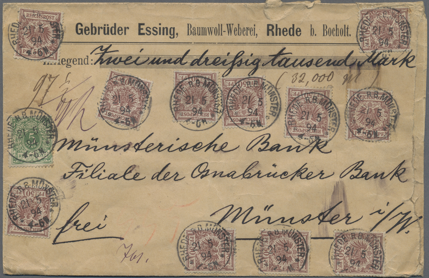 Br Deutsches Reich - Krone / Adler: 1894, 11 Werte 50 Pfg Mischfrankatur Mit 5 Pfg Auf Wertbrief (32.00 - Ongebruikt