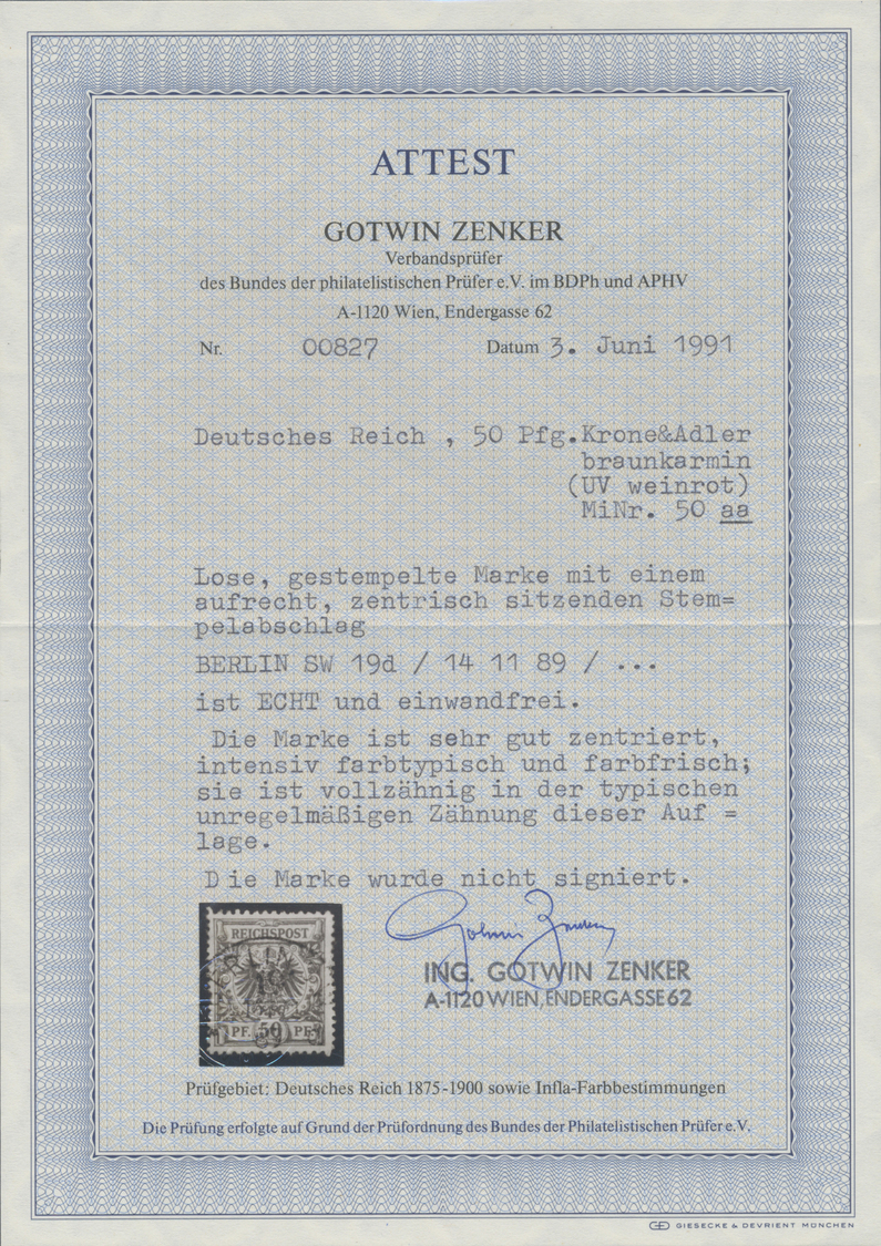 O Deutsches Reich - Krone / Adler: 1889, Freimarke: Krone/ Adler 50 Pf Bräunlichkarmin, Beste Farbe, P - Ongebruikt