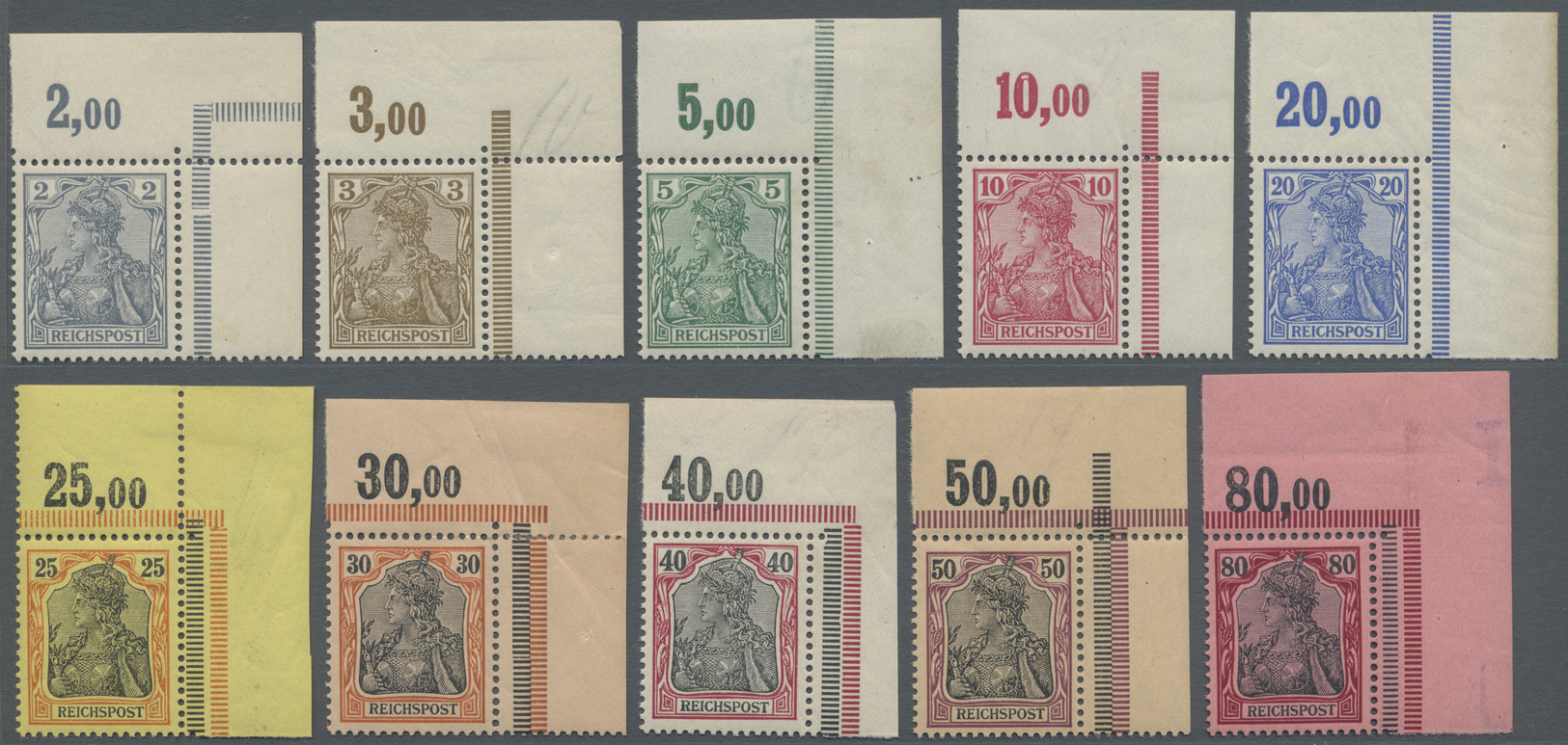 */** Deutsches Reich - Germania: 1900, Freimarken Germania 2 Pf Bis 80 Pf, Einheitlicher Eckrandsatz Oben - Neufs