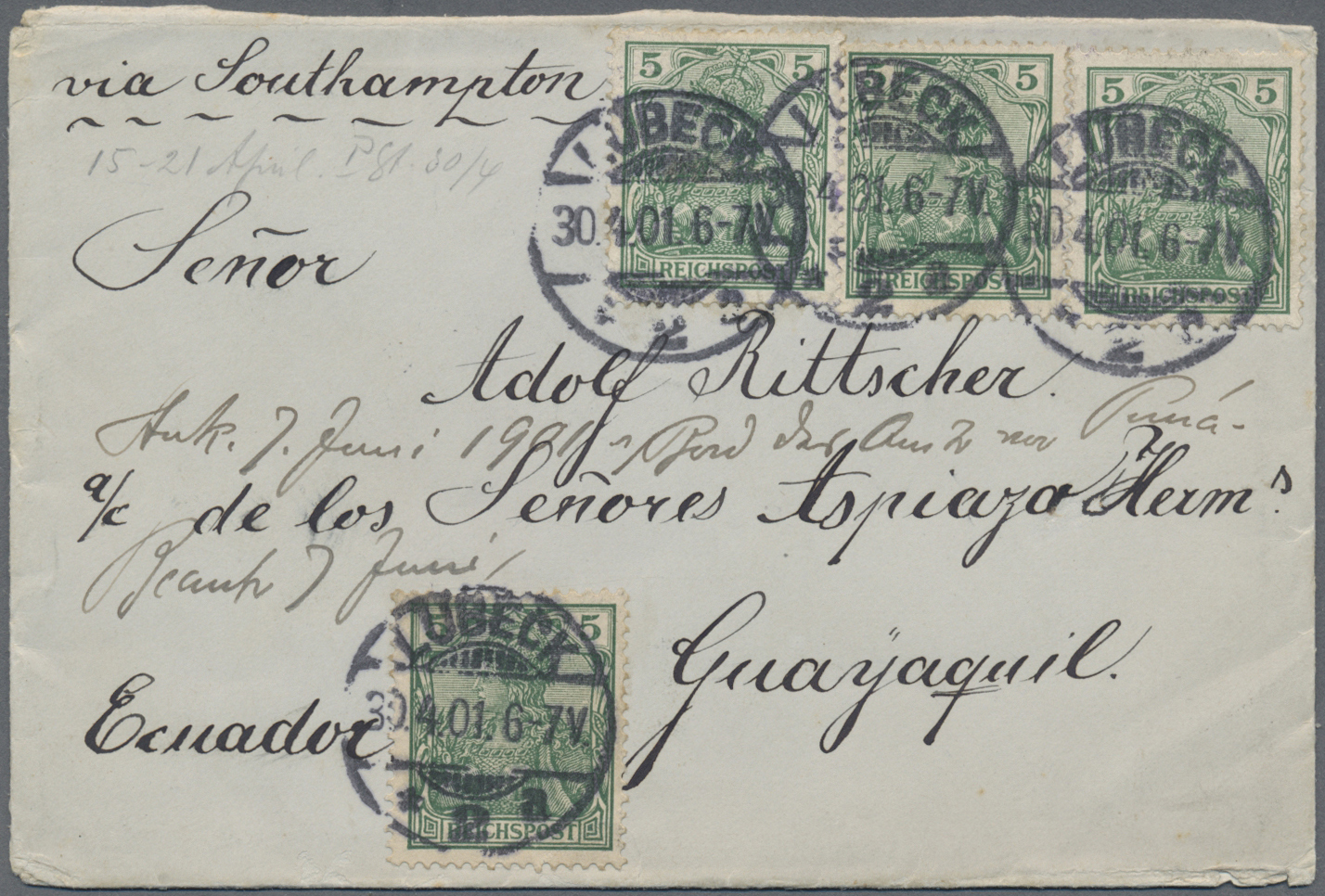 Br Deutsches Reich - Germania: 1901, 2 Belege Mit Germania "REICHSPOSTFRANKATUR" Brife Via Southampton - Ongebruikt