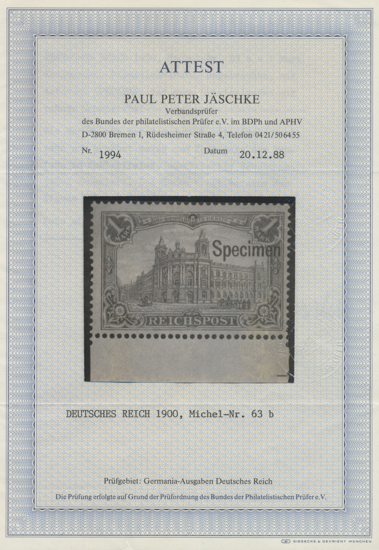 ** Deutsches Reich - Germania: 1900, 1 Mark Reichspostamt Postfrisch Mit Aufdruck "Specimen", Attest Pa - Neufs