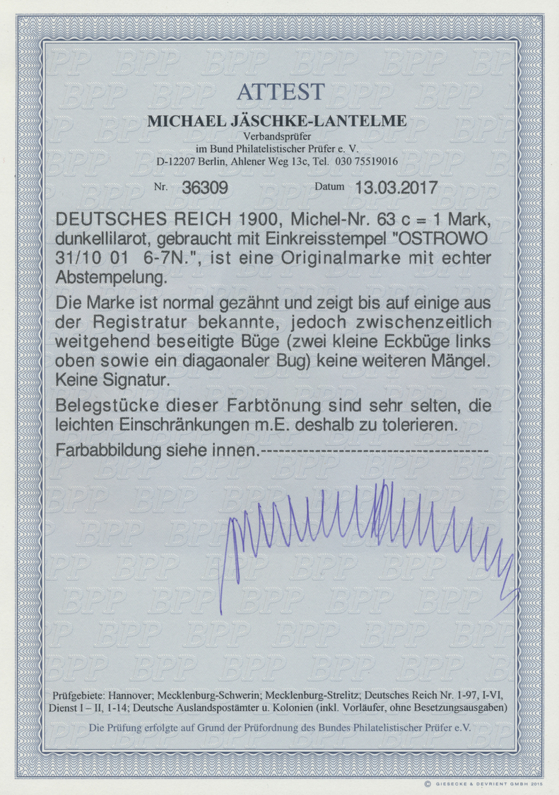 O Deutsches Reich - Germania: 1900, 1 M. Reichspostamt Dunkellilarot , Gebraucht Mit Einkreisstempel " - Ongebruikt