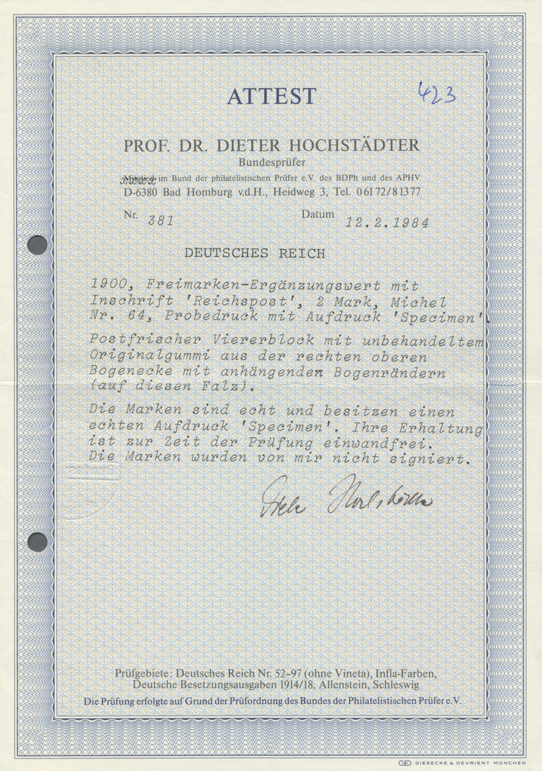 **/ Deutsches Reich - Germania: 1900, 2 Mark Reichspost Mit Waagerechtem Aufdruck "Specimen", Postfrisch - Neufs