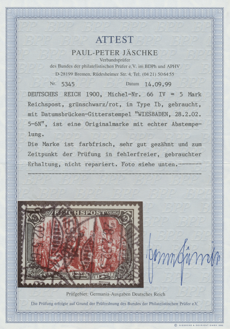 O Deutsches Reich - Germania: 1902, Freimarke 5 M. Grünschwarz/bräunlichkarmin, Type I (Nachmalung Nur - Neufs