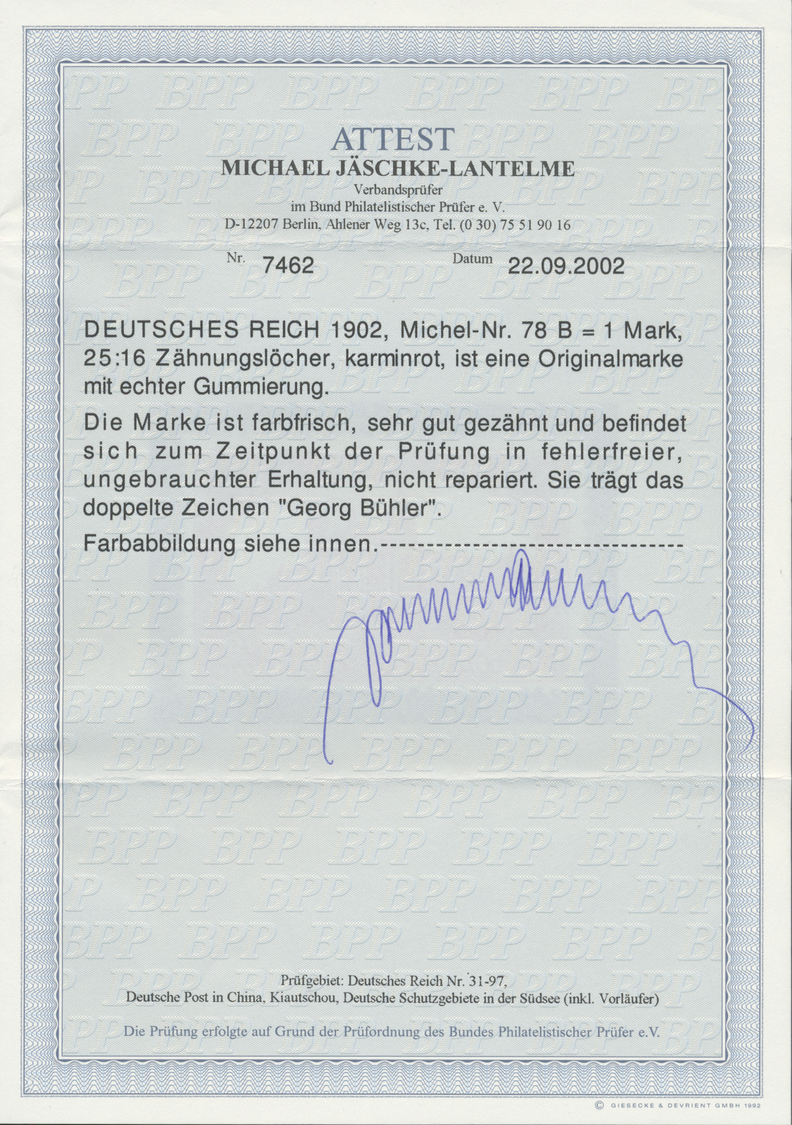 * Deutsches Reich - Germania: 1902, 1 Mk Karminrot Mit Zähnung B, Ungebrauchtes Prachtstück Mit Einem - Ongebruikt