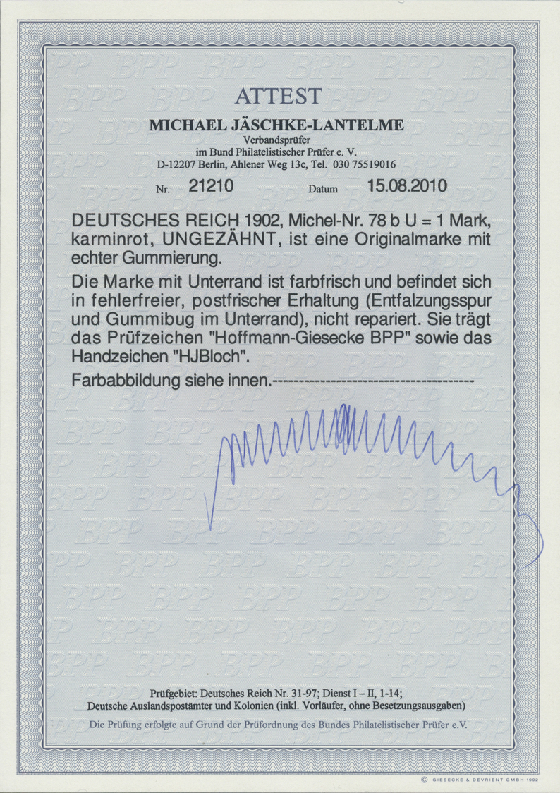 ** Deutsches Reich - Germania: 1902, 1 Mark Karminrot, UNGEZÄHNT, Taufrisches Unterrandstück Mit Großem - Neufs