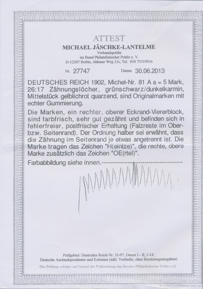 ** Deutsches Reich - Germania: 1902, 1 M. Grünschwarz/ Dkl´karmin, 26 : 17 Zähnungslöcher Ist Eine Orig - Neufs