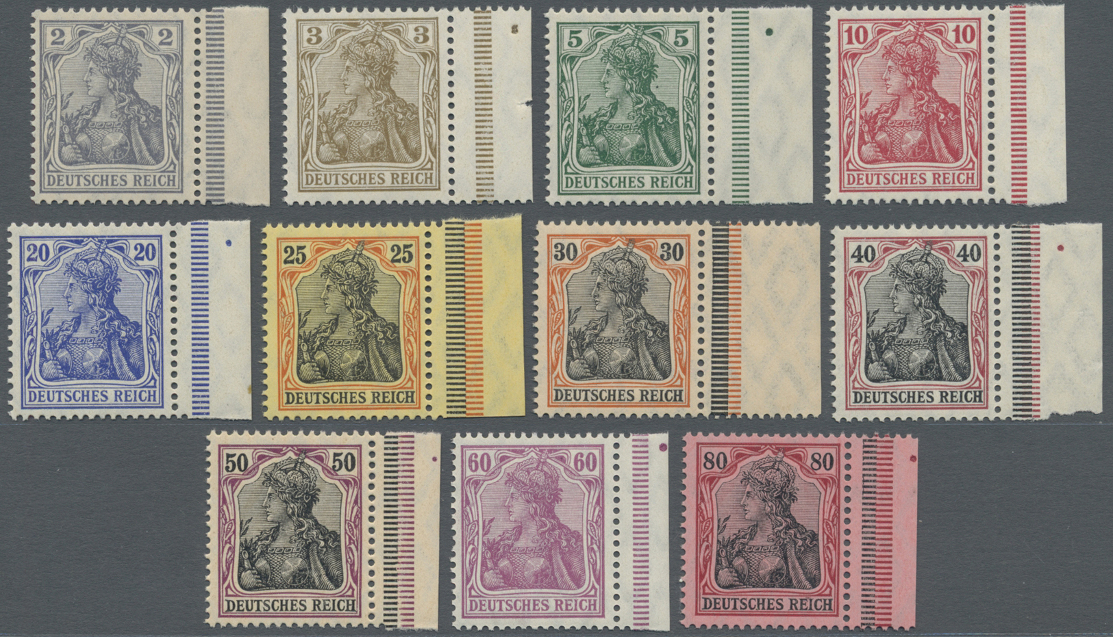 ** Deutsches Reich - Germania: 1905, 2 Pf Bis 80 Pf Freimarken Germania, Friedensdruck, Schneeweißer Ei - Neufs