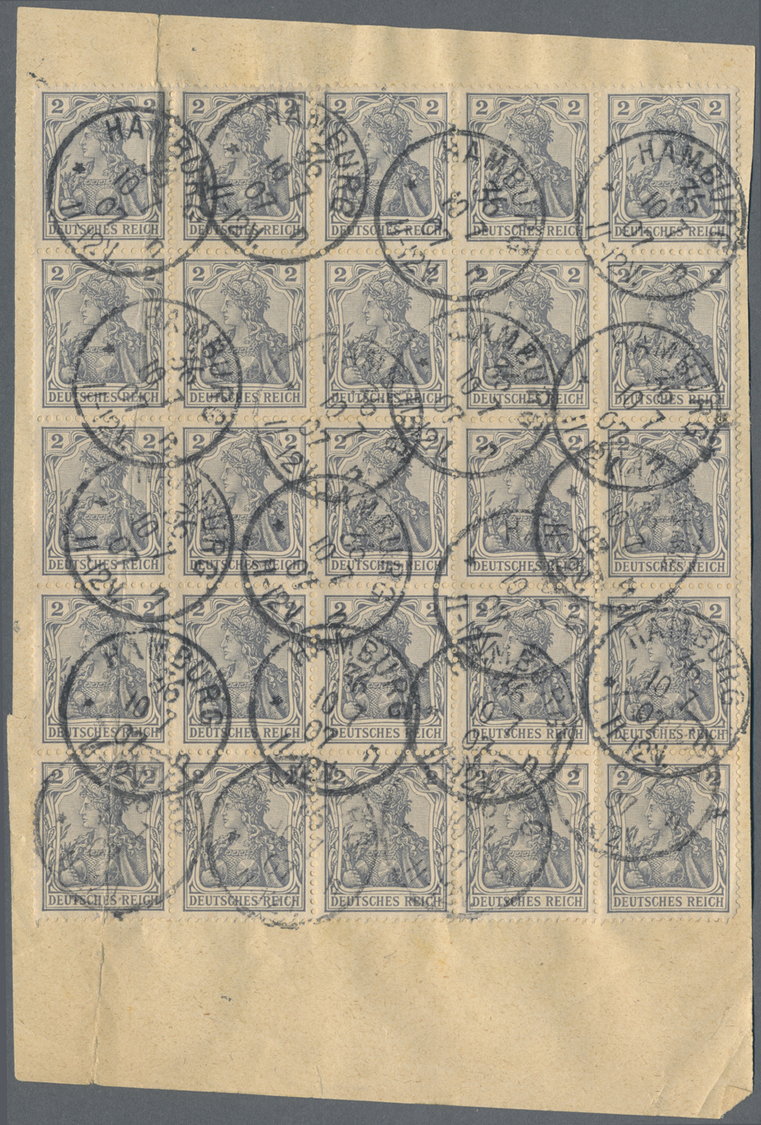 Br Deutsches Reich - Germania: 1905, Germania 2 Pfg. Friedensdruck, 25 Er-Block, Gestempelt "HAMBURG 10 - Neufs