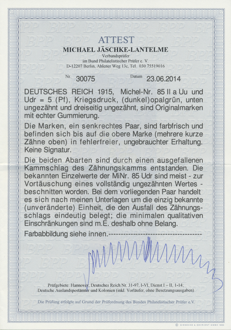 * Deutsches Reich - Germania: 1915, 5 Pfg Kriegsdruck Opalgrün Unten Bzw. Dreiseitig Ungezähnt Im Senk - Ongebruikt