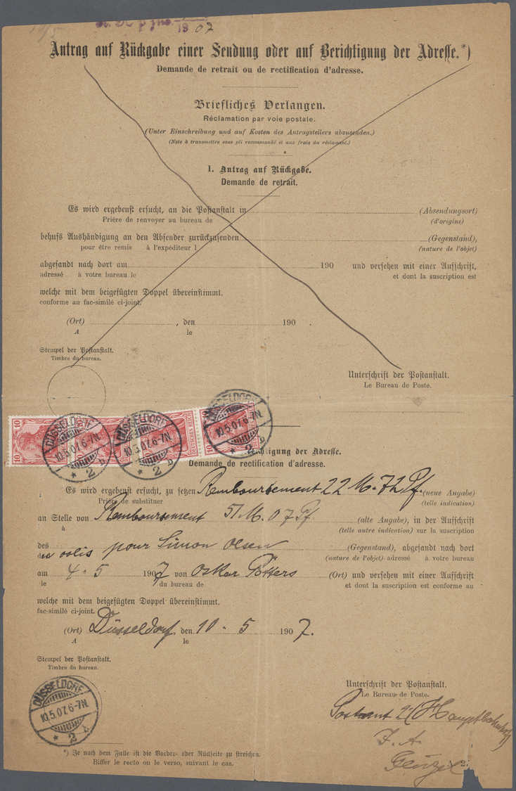 Br Deutsches Reich - Germania: 1907, 10 Pfg. Germania, Zwei Senkrechte Paare Als Gebühr Auf Formular "A - Ongebruikt