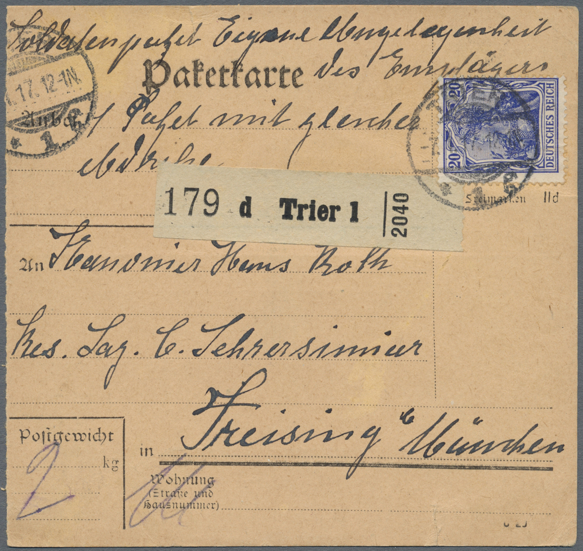 Br Deutsches Reich - Germania: 1917, Soldaten-Paketkarte Mit Einzelfrankatur 20 Pf. Dunkelviolettblau, - Ongebruikt