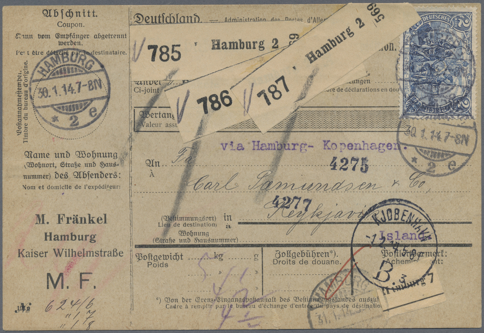 Br Deutsches Reich - Germania: 1914, Freimarken 2 M Und Rückseitig 40 Pf Germania Auf Paketkarte Von "H - Neufs