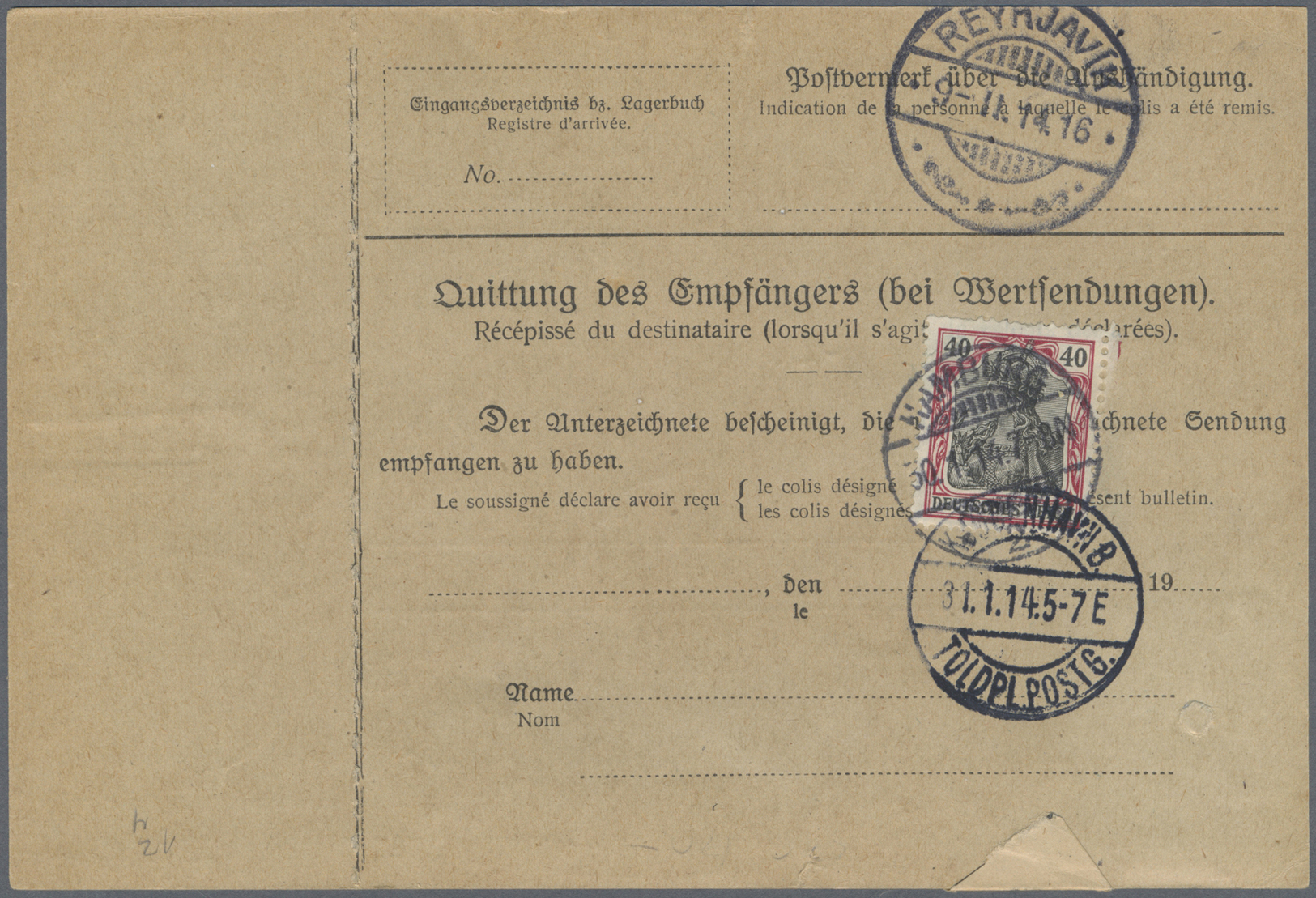 Br Deutsches Reich - Germania: 1914, Freimarken 2 M Und Rückseitig 40 Pf Germania Auf Paketkarte Von "H - Ongebruikt