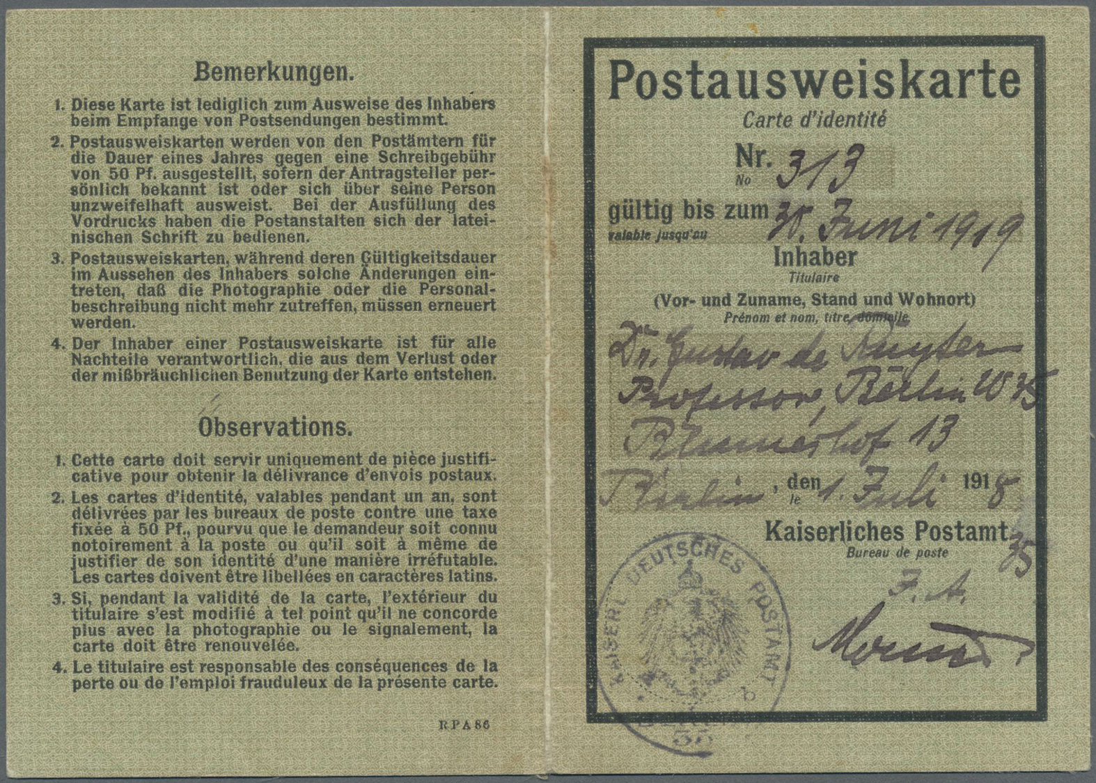 Br Deutsches Reich - Germania: 1915, Germania 50 Pfg. Kriegsdruck Auf Postausweiskarte, Gestempelt BERL - Ongebruikt