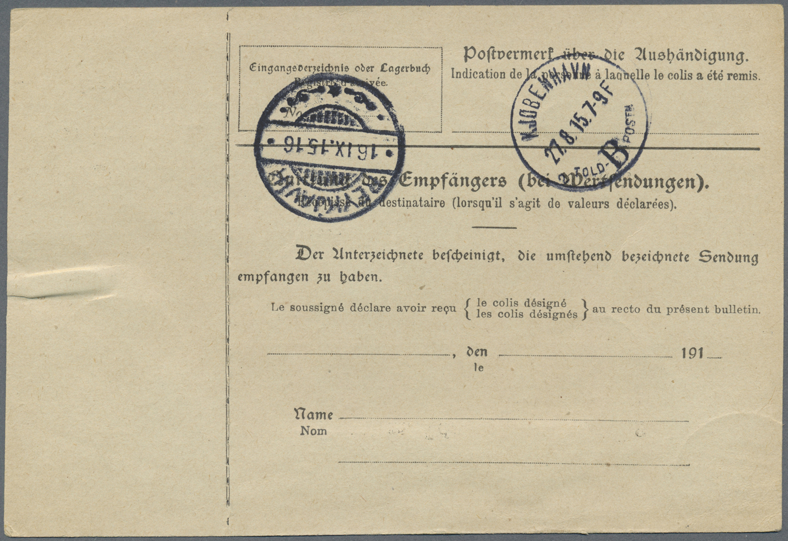 Br Deutsches Reich - Germania: 1915, Paketkarte Mit EF 80 Pfg. Germania Ab HAMBURG Nach Reykjavik. Durc - Ongebruikt