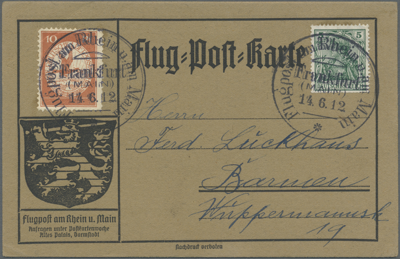 Br Deutsches Reich - Germania: 1912, Flugpost Rhein/Main, Offizielle Flugpostkarten Ab Frankfurt (Main) - Ongebruikt