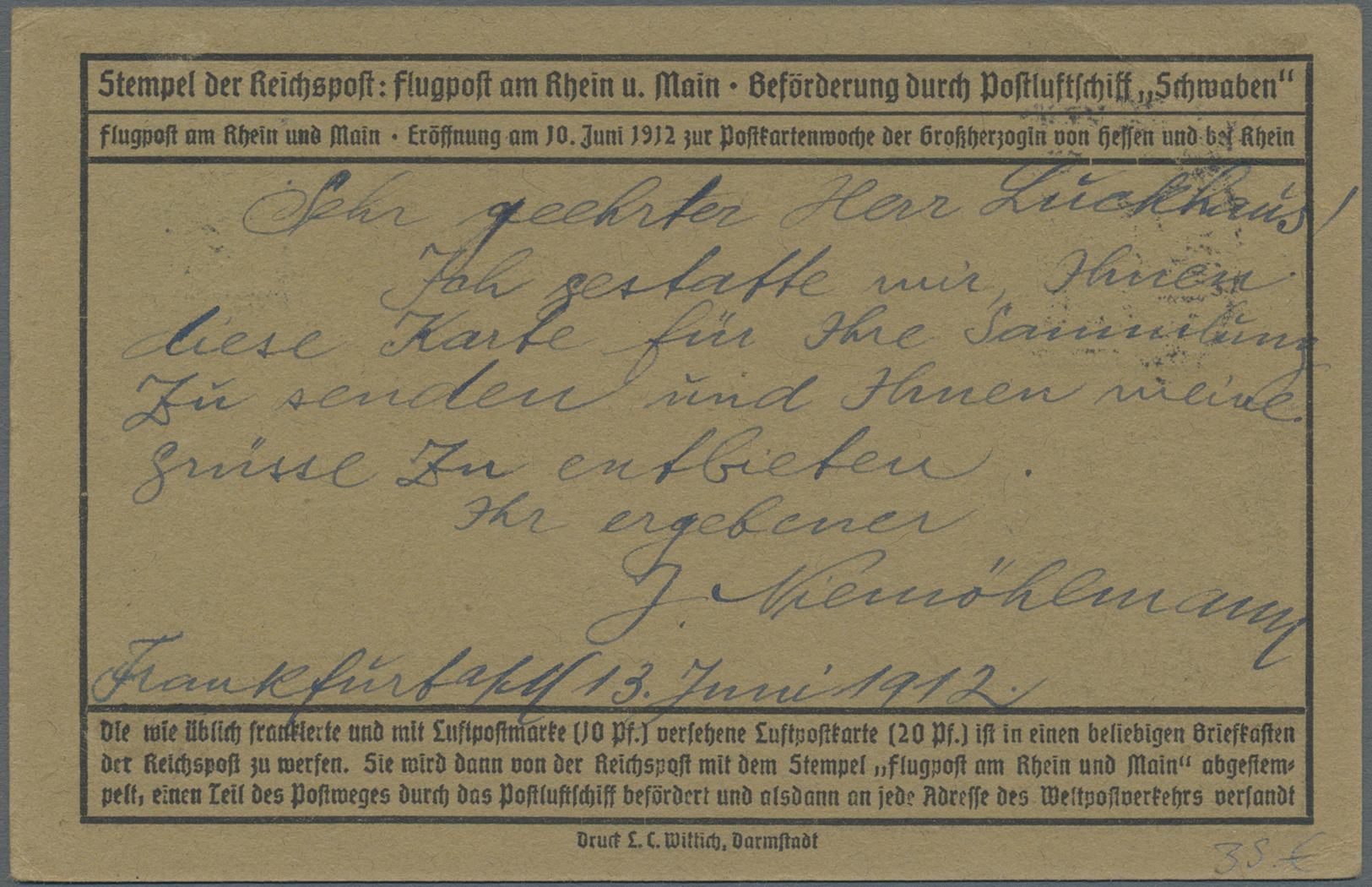 Br Deutsches Reich - Germania: 1912, Flugpost Rhein/Main, Offizielle Flugpostkarten Ab Frankfurt (Main) - Ongebruikt