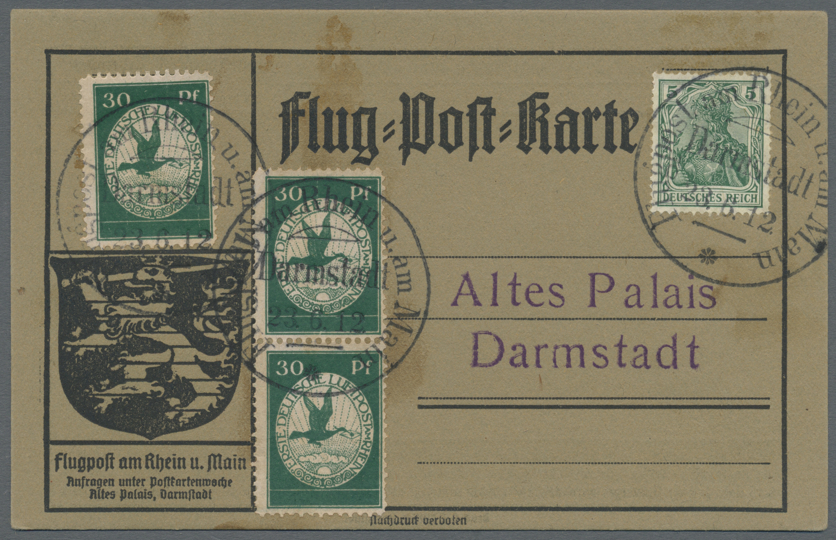 Br Deutsches Reich - Germania: 1912 (23.6.), Flugpostkarte 'Flugpost Am Rhein U. Main' Mit 3 X 30 Pf. G - Neufs