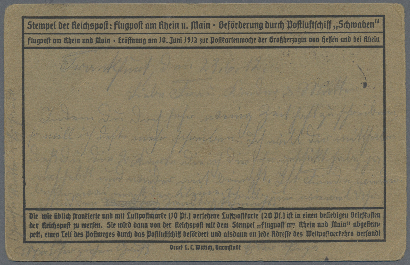 Br Deutsches Reich - Germania: 1912, 20 Pf "E.EL.P" Aufdruckwert Flugpost-Rhein-Main Mit Sonderstempel - Ongebruikt