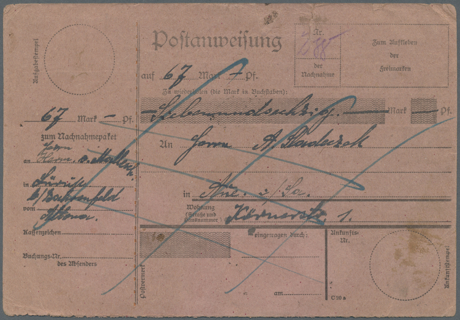 Br Deutsches Reich - Inflation: 1920, Eil-Nachnahmekarte über 67,40 Mark Ab AUE (ERZGEBIRGE) Vorder- Un - Brieven En Documenten