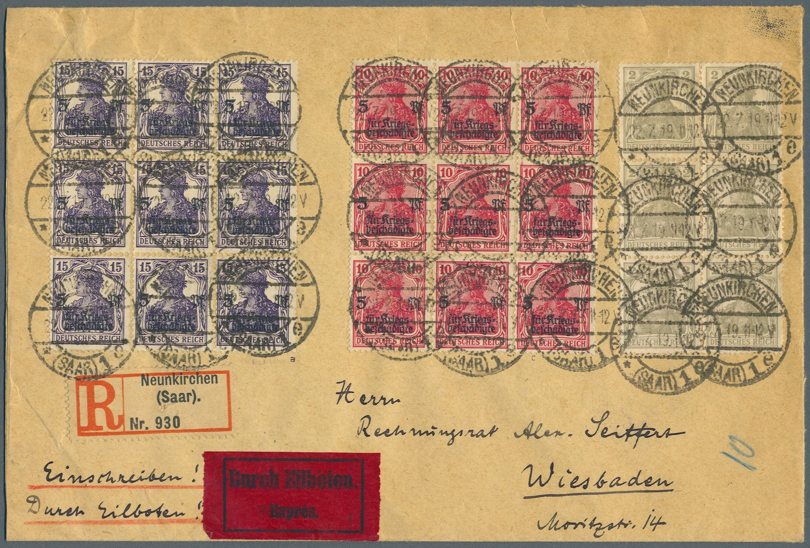 Br Deutsches Reich - Inflation: 1919: 10 Und 15 Pfg. Kriegsbeschädigte Im Dekorativen 9-er-Block, Jede - Lettres & Documents