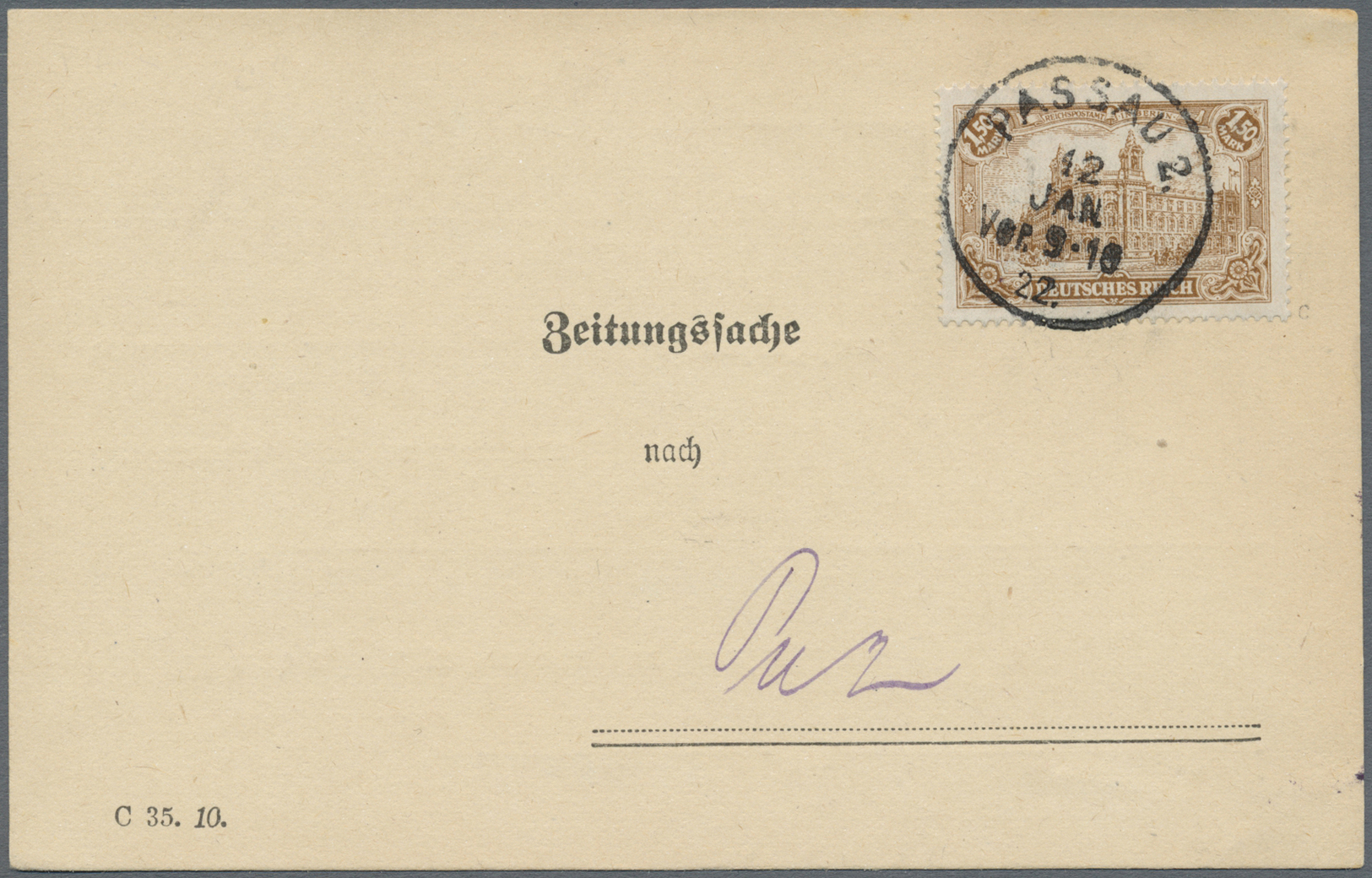 Br Deutsches Reich - Inflation: 1922, 1,50 Reichspostamt Dklbraun Als EF Auf Orts-ZEITUNGSSACHE (!) Von - Lettres & Documents